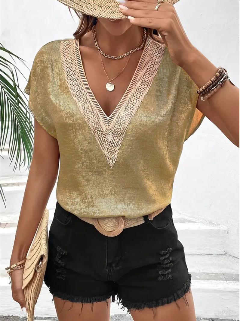 

Summer Lace V-Neck Batwing Sleeve Women s Casual Loose T-Shirt M золотий