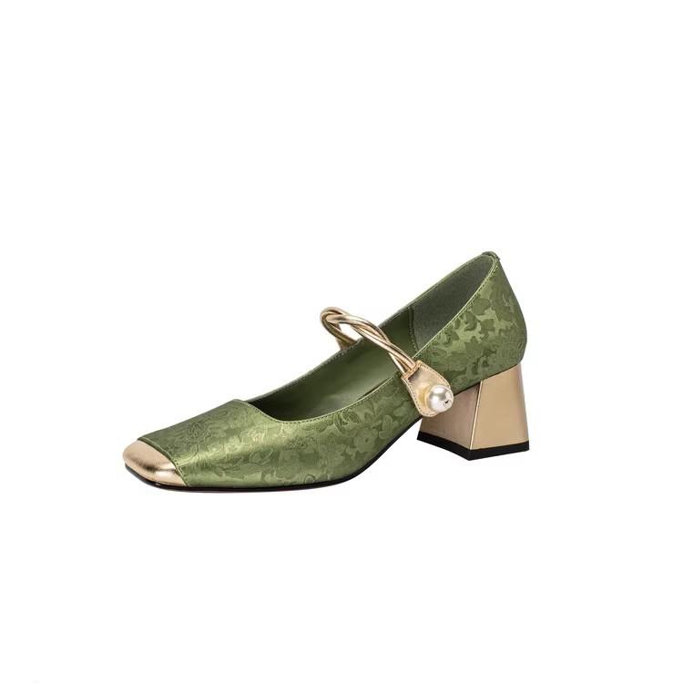 Guofeng High Heels Women's Thick Heel 2024 Large Size Color Matching with Cheongsam Square Head New Chinese Mary Jane Single Shoes Women's Middle Heel