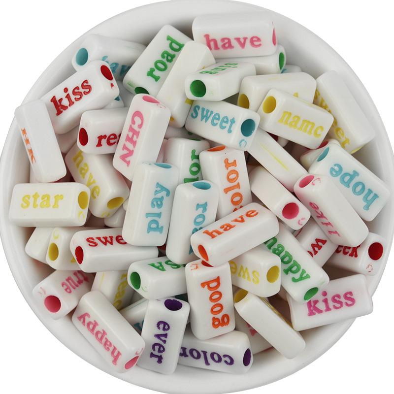 50 Acrylic Rectangle Word Beads, Candy Colors, Solid, Perforated for DIY Crafting.