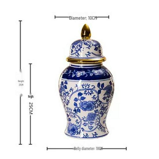 Blue & White Porcelain Vase with Gold Trim for Light Luxury and European Retro Flower Arrangement.