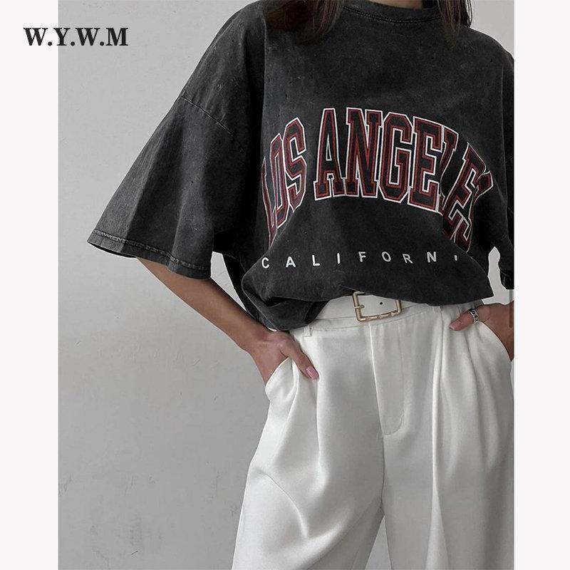 

WYWM футболки с буквенным принтом женские летние стираные кислотой мягкие базовые уличные футболки винтажные готические топы с короткими рукавами для девочек повседневные топы люксового бренда