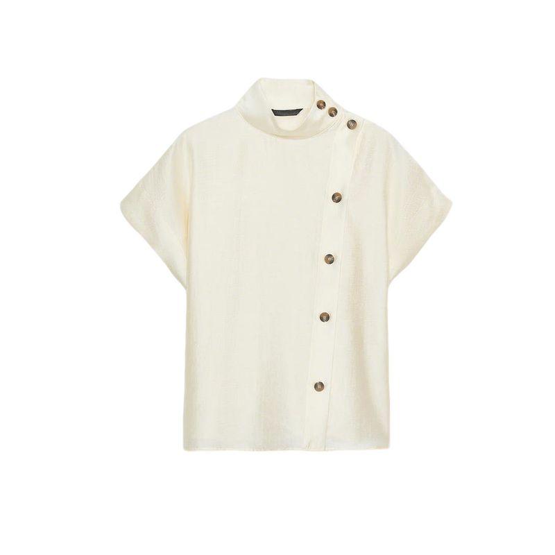 Autumn New Women's Clothing Minimalist Stand Collar Drop Shoulder Sleeveless Contrast Color Decorated Row Button Shirt Tops 8813548