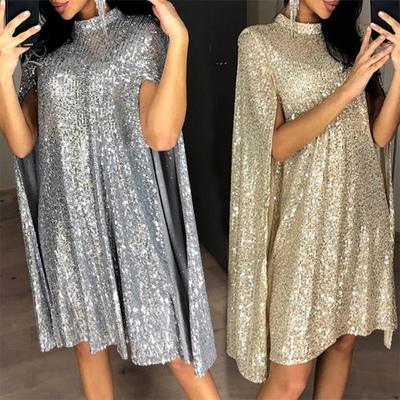 Lady Sequin Dress Stand Collar Sleeveless Slit Design Shimmering Cocktail Party Dress Women Formal Occasion Mini Dress Celebrity Evening Dress