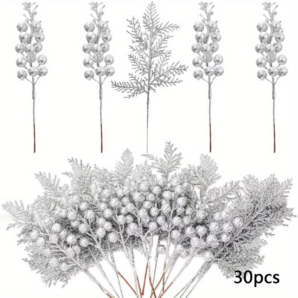 30pcs Artificial Pine Needles with Glitter Berry Stems - Vibrant Red & Green Plastic Christmas Branches for DIY Holiday Decor
