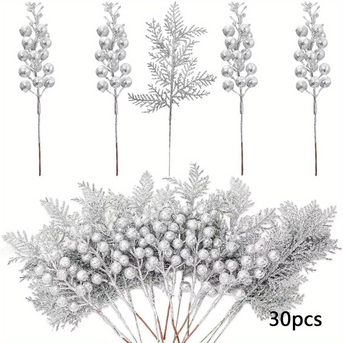 

30pcs Artificial Pine Needles with Glitter Berry Stems - Vibrant Red & Green Plastic Christmas Branches for DIY Holiday Decor