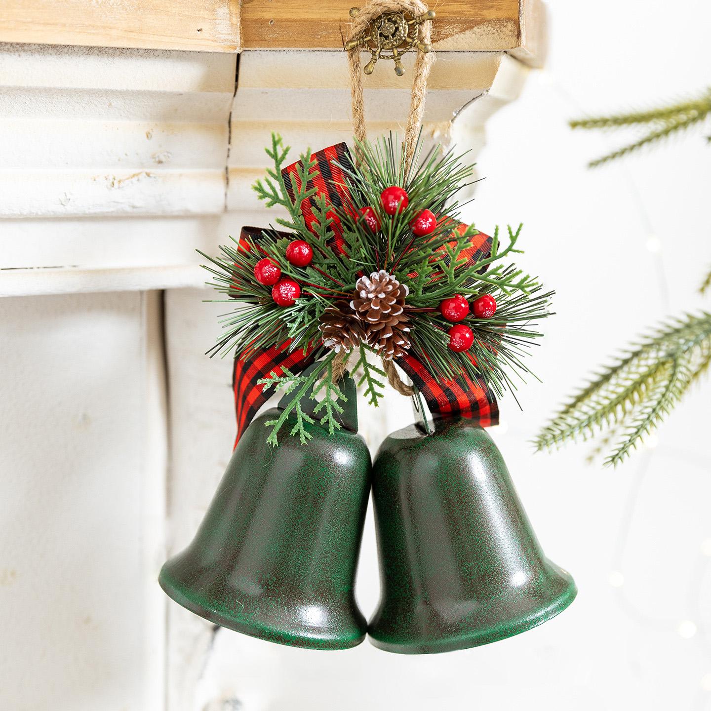 Christmas Tree Ornament Vintage Double Bell Bow Decoration Iron Art Holiday Hanging Pendant D
