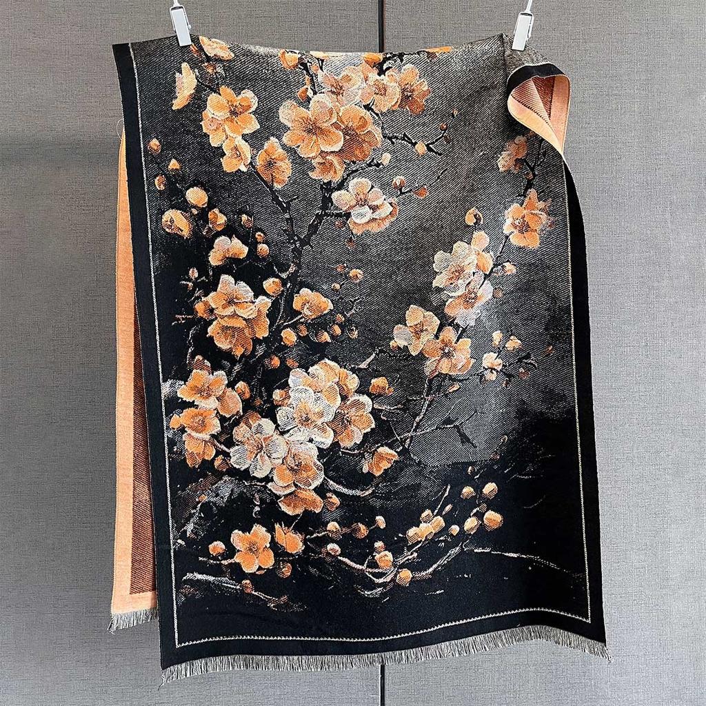 Autumn New Plant Flower Print Scarf Autumn and Winter Imitation Cashmere High-end Warm Scarf Shawl Women