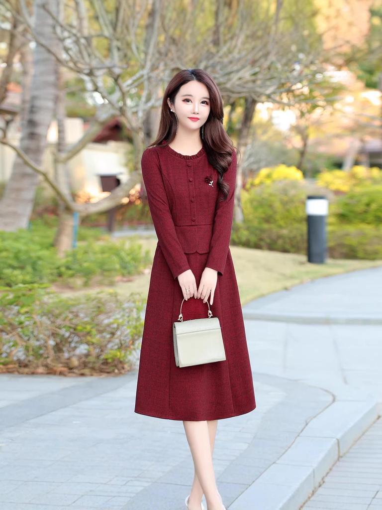 2026 Spring Korean Style Slim Fit Faux Two-Piece Dress - Elegant Round Neck Midi for Women