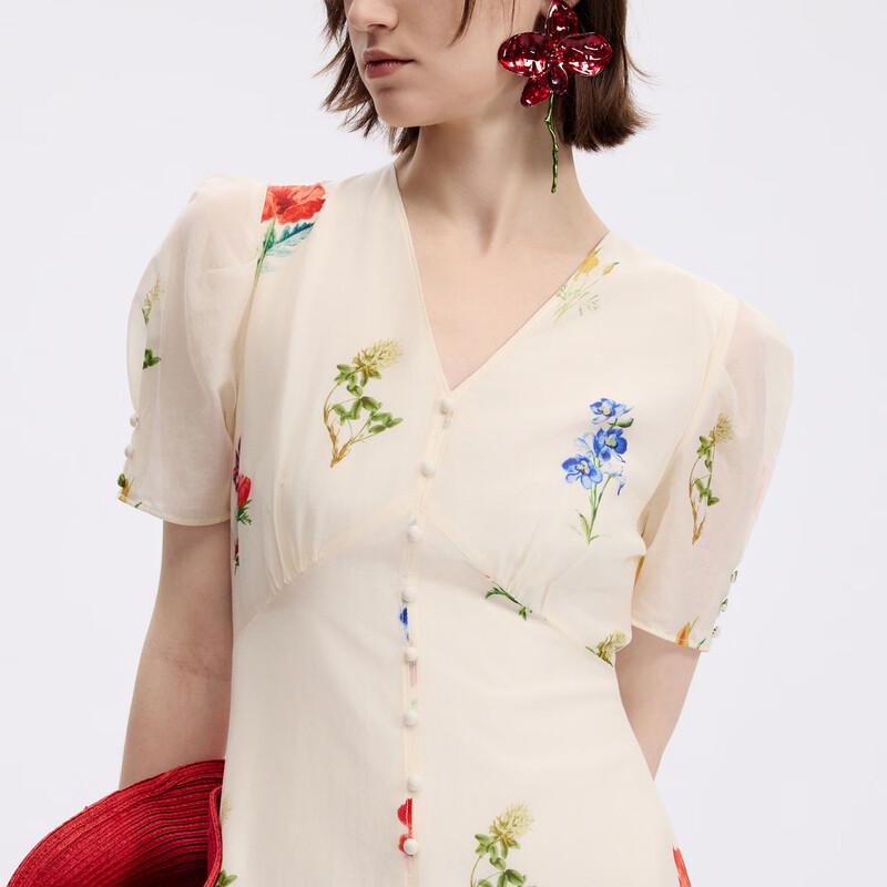 LANCY French Style Floral V-Neck Bubble Sleeve Midi Dress