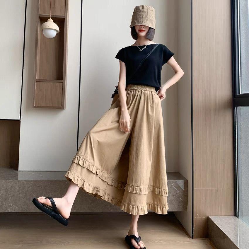 Women Plus Size Wide Leg Pants Summer Elastic High Waist Ruffled Casual Pants