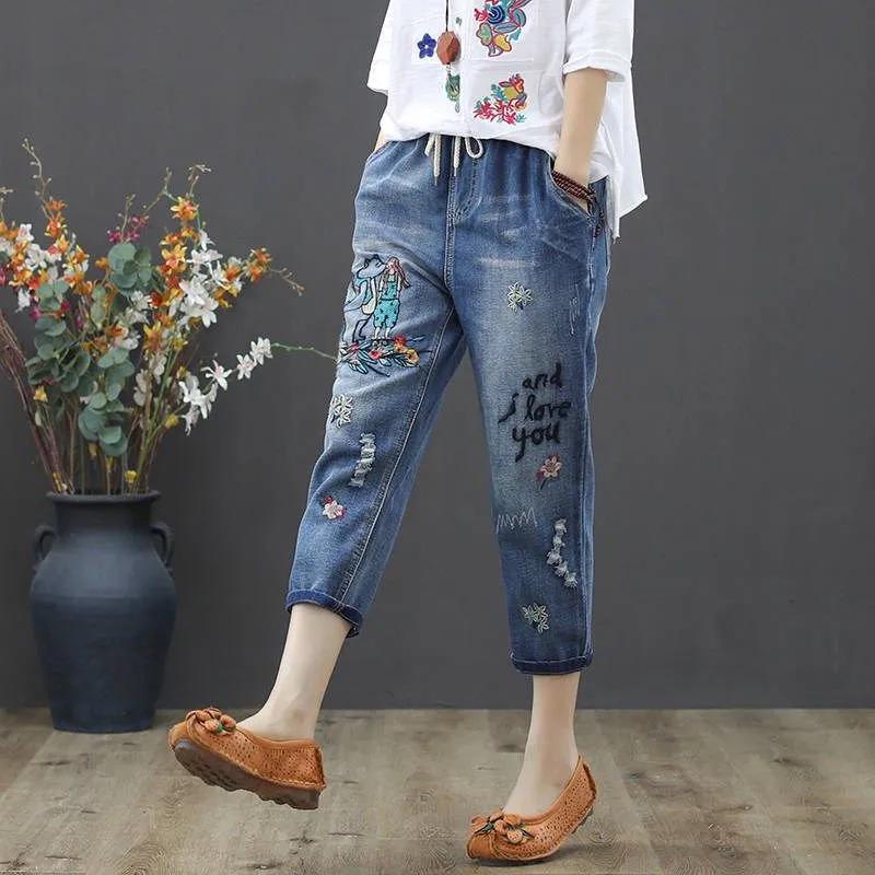 Embroidery Ankle-Length Baggy Jeans Elastic High Waist Capris Lace Up Harem Denim Pants Women  Oversized Pantalon