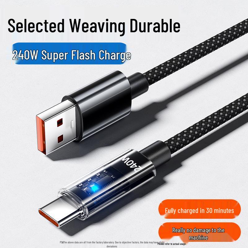 240W Transparent Super Flash Charge Type-C Cable for Huawei Honor 6A – Braided Design