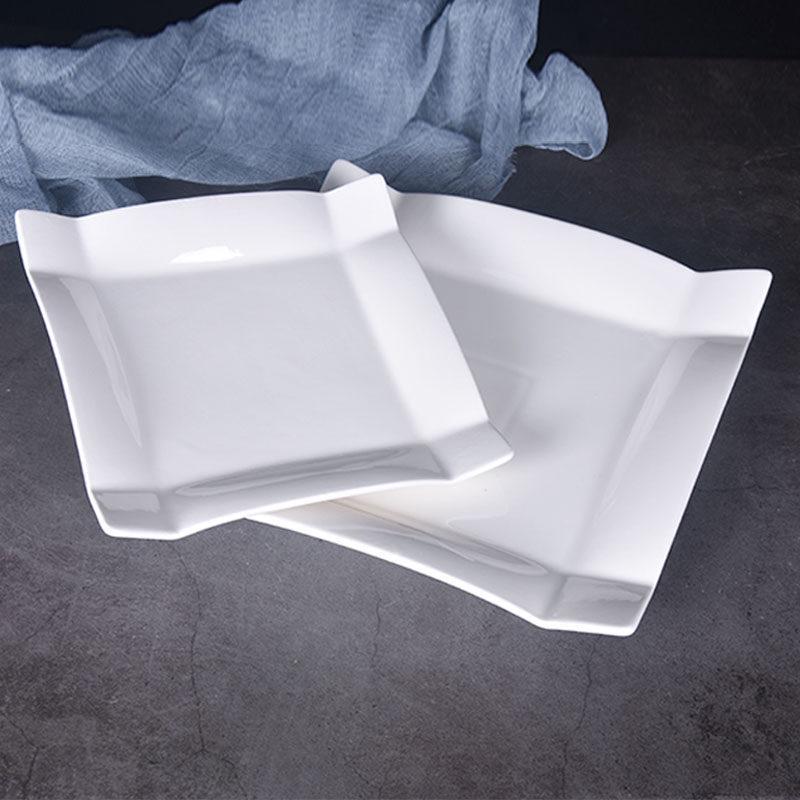 Pure White Ceramic Square Steak Plate - Irregular Design, Creative Western Flatware for Home and Hotel Dining.