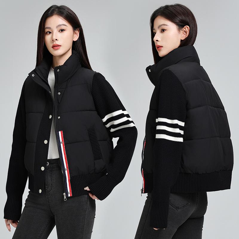 Cotton clothes women's short autumn and winter new stand-up collar loose splicing knitted loose casual jacket jacket cotton-padded clothes