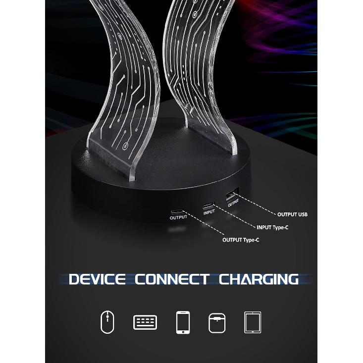 Light Up Headphone Stand with 16 Color Lights, PCB Pattern Acrylic Headset Stand with 1 USB and 1 Type-C Charging Ports, Gifts for Gamers Men and