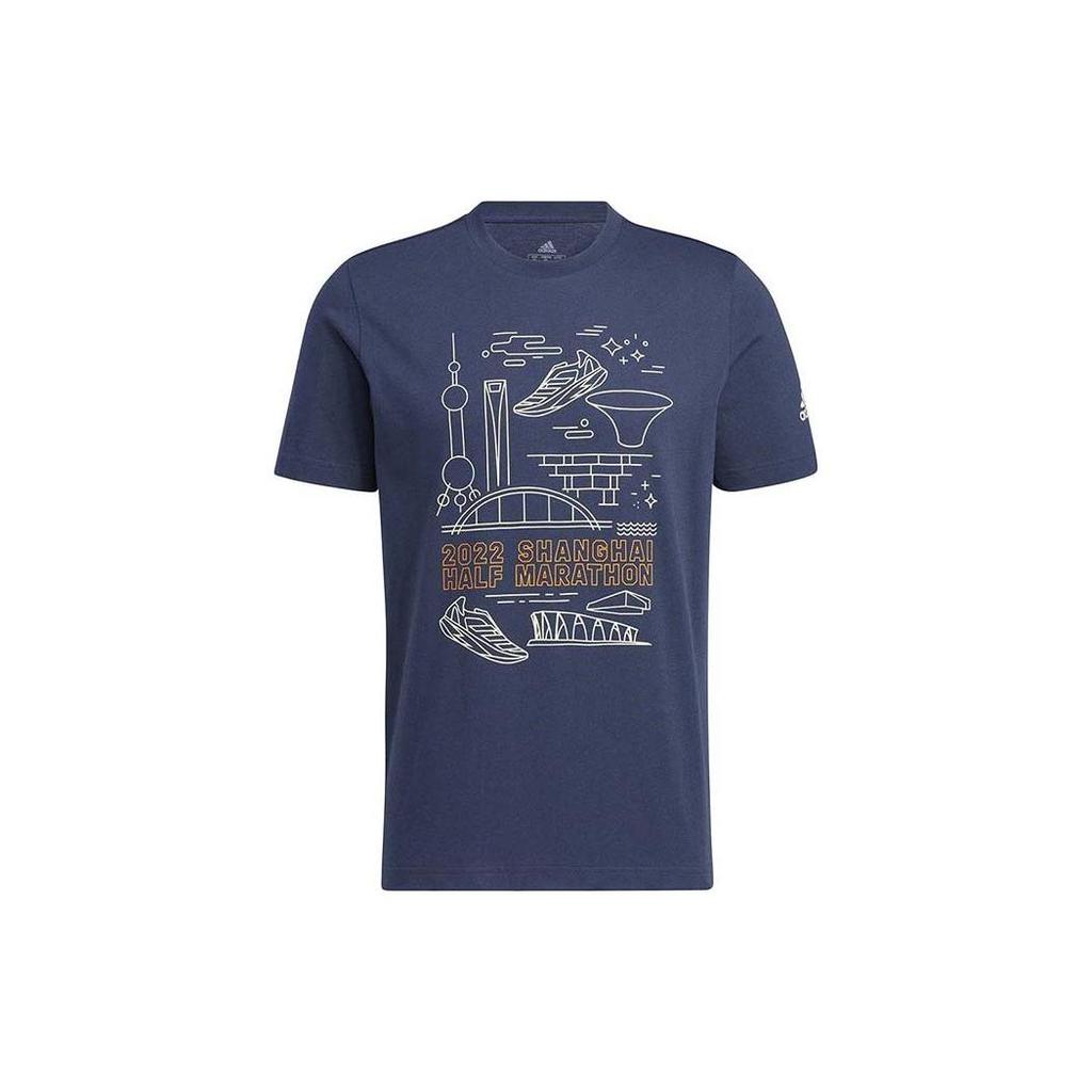 Adidas Hand-Drawn Pattern Letter Print Casual Running Short Sleeve T-Shirt Men Tops Dark-Blue HJ9883