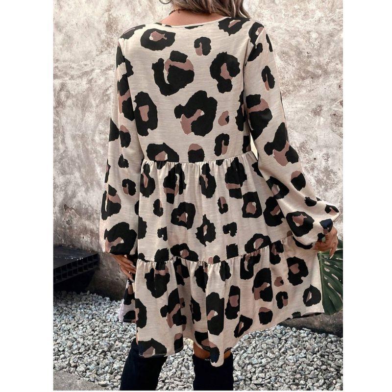 Spring & Fall New Arrival Fashion Wind Cross-Border Fashion V-neck Leopard Print Print Loose Lotus Leaf Long Sleeves Dress Female Dress