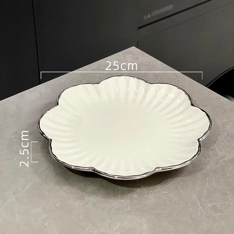High End Solid Color Ceramic Plates Light Luxury Silver Edge Exquisite Dining Plate Household Delicious Dishes Plate Tableware