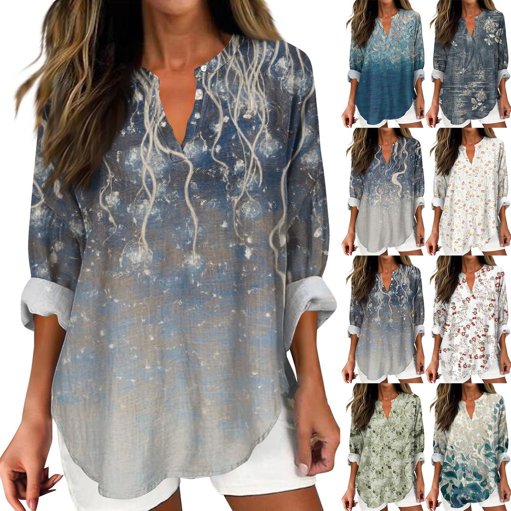 Women's T Shirt Tee Printed Long Sleeve Daily Weekend Fashion Basic V Neck Curved Hem Regular Top