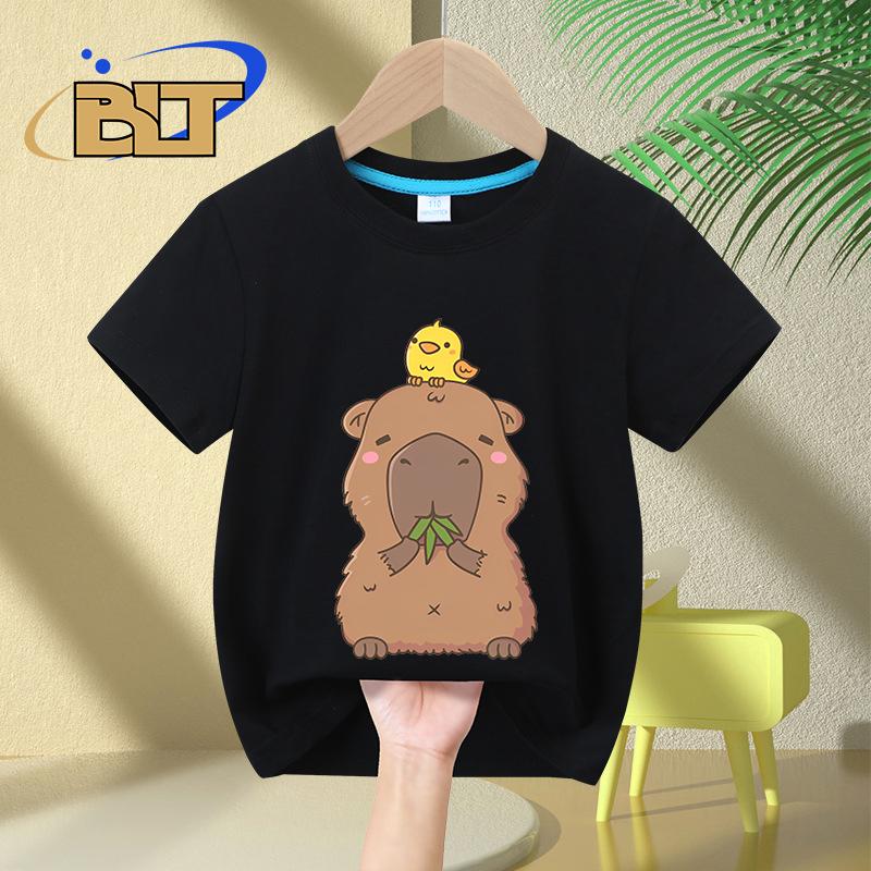 

Cute Capybara with Yellow Bird Doodle Cartoon Print Kids T-shirt Summer Children s Cotton Short-sleeved Boys and Girls Suitable 110 чорний