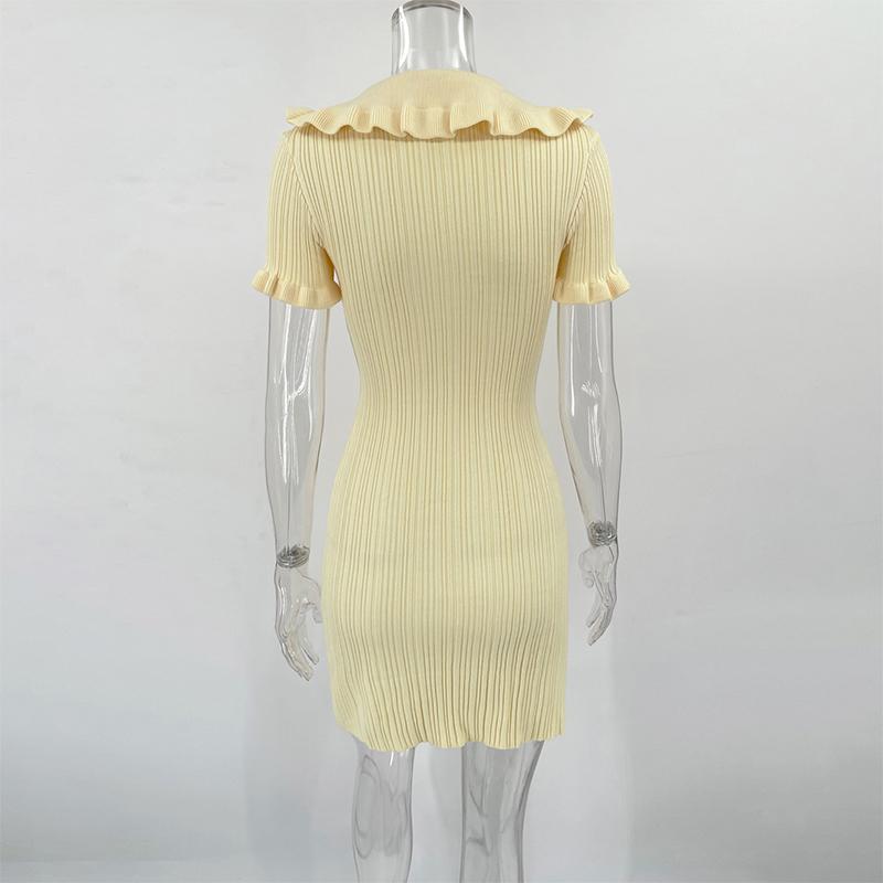 Women's Knitted Dress Summer High Waist Short Sleeve Ruffle Neck Bodycon Dresses Femme Slim Vacation Clothes French Vintage Elegant Evening Dress