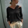 2026 Spring/Summer Elegant Off-Shoulder V-Neck Solid Color Long-Sleeve Top