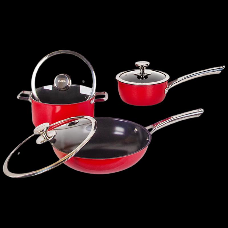 PYREX Corning Little Red Dot Titanium Glaze Cookware Set