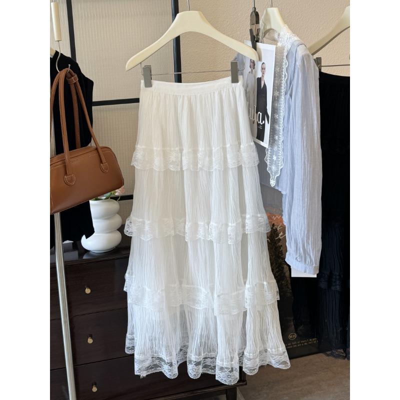 

Texture yarn gauze skirt splicing lace cake skirt spring and summer mesh skirt women s gentle and sweet long dress new One size fits all белый