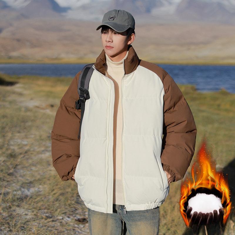 Cotton Coat Men's New Winter Style Japanese Style Fresh and Trendy Color Matching Stand-up Collar Thickened Bread Coat Cotton Coat Couple