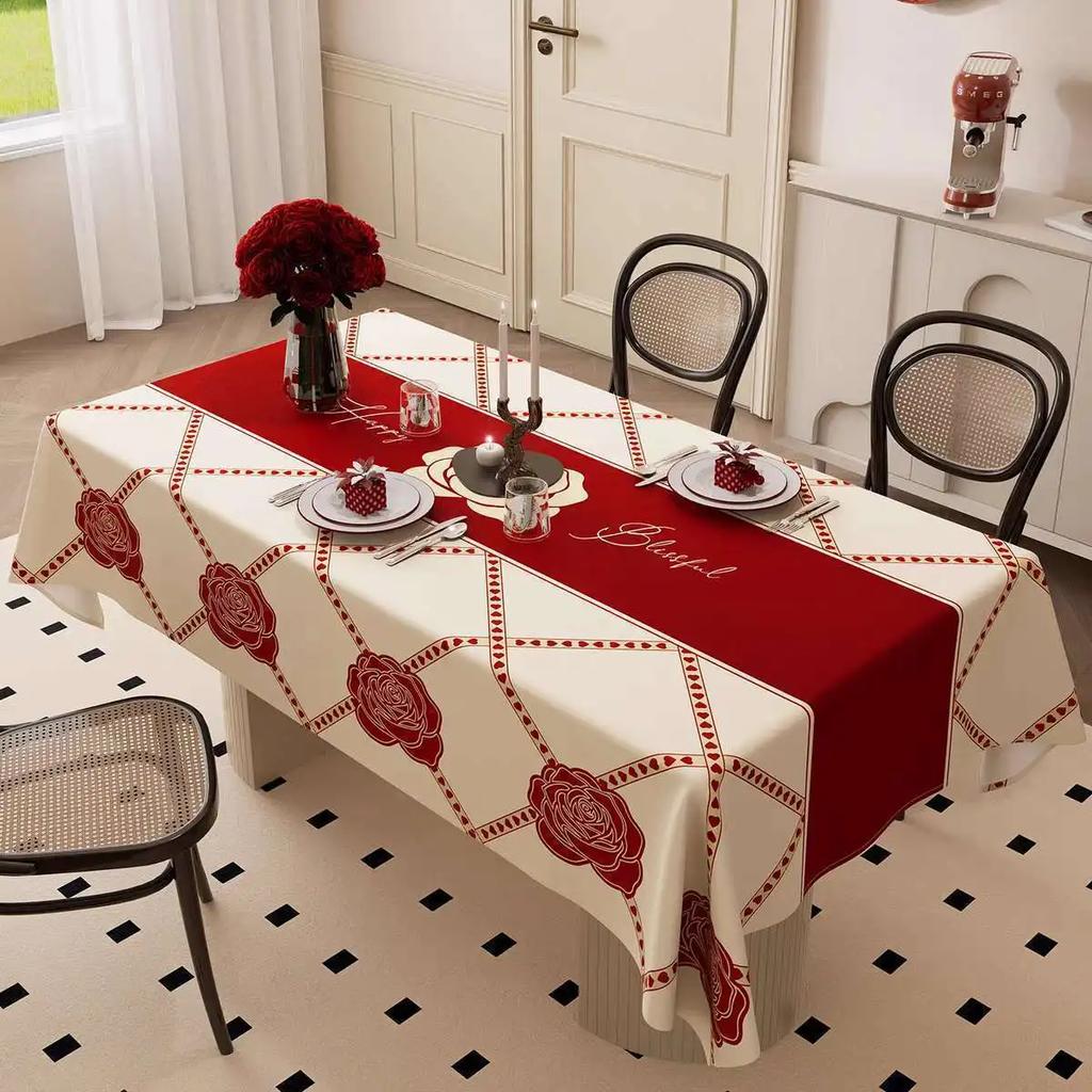 Rectangle Red Printed New Year Tablecloth High-Grade Beauty Camellia Decorative Cloth Geometric Pattern Dustproof Table Cover