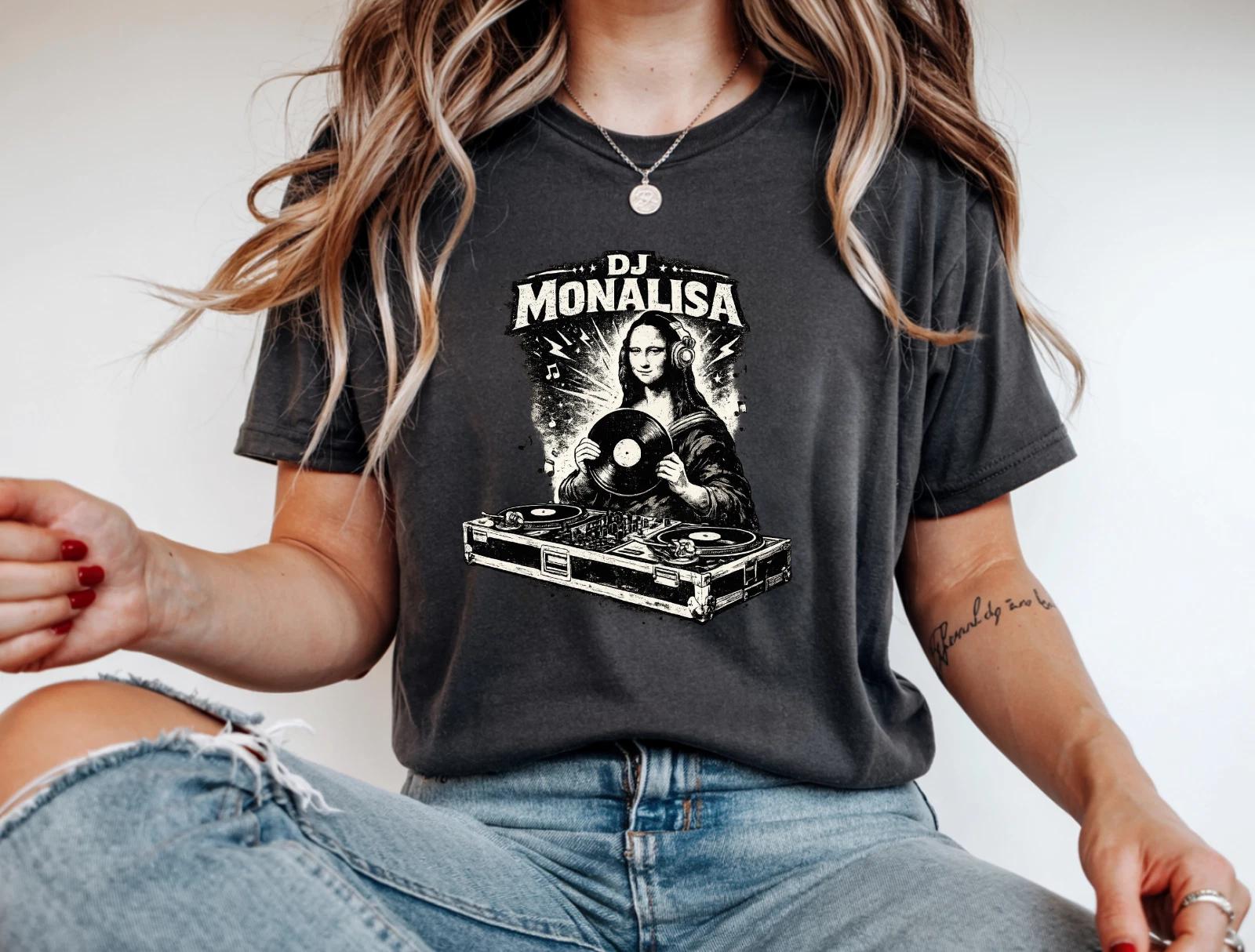 DJ Mona Lisa T-Shirt Funny Music Art Vinyl Record DJ Graphic Tee 3XL