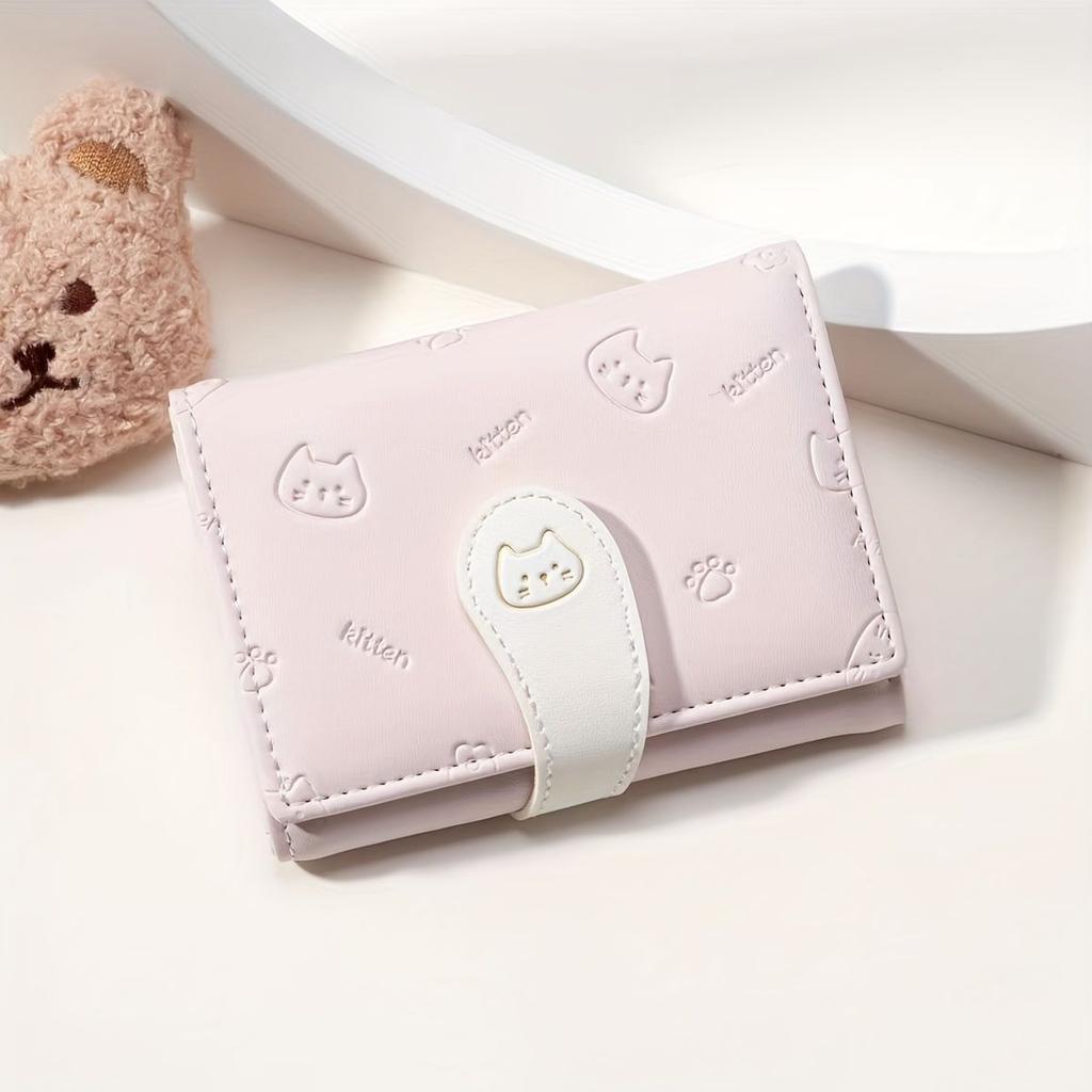 Cute Cat Women Short Wallet PU Leather Bifold Wallet Cartoon Cat Print Small Purse Card Holder Coin Pocket Cash Wallet for Girls Ladies Gift