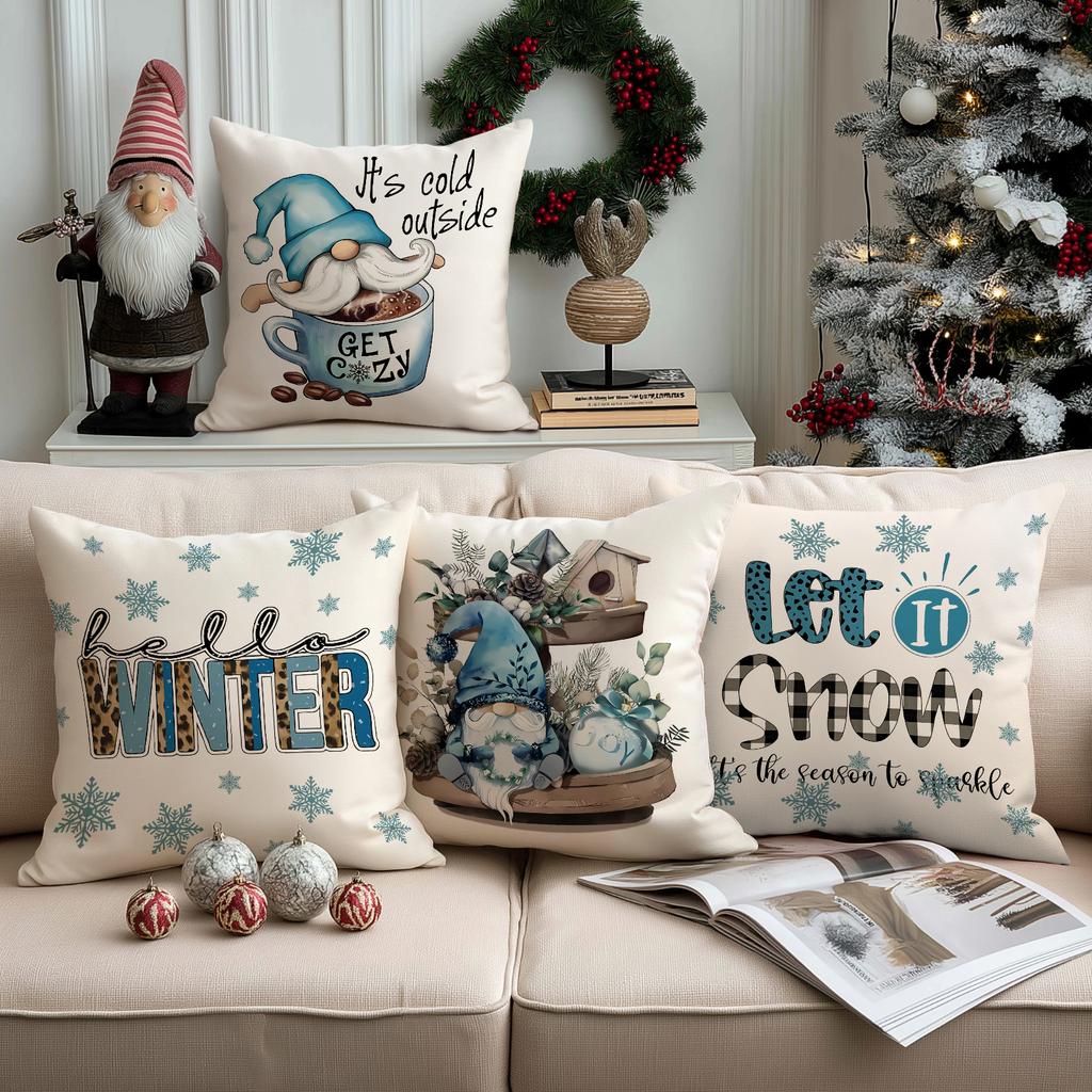1/4Pcs Blue Christmas Pillowcases, Nordic Elf Christmas Ball Cabin Design Cushion Covers, Winter Holiday Home Decoration
