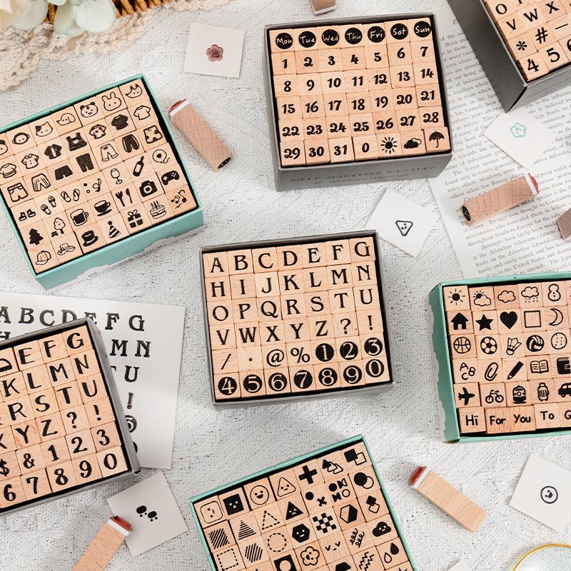 42-Piece Wooden Stamp Set: Numbers, Letters, Geometric Shapes & Happy Party Series