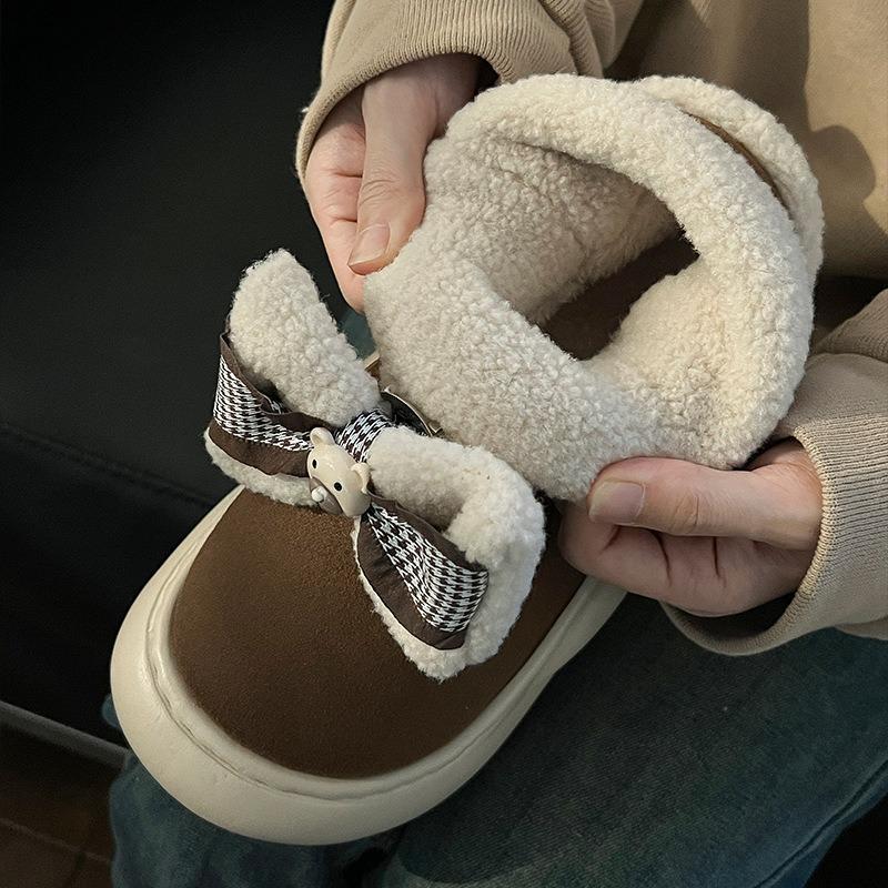 Girls' heart bow thick-soled velvet snow boots women's winter new round head versatile warm cotton shoes