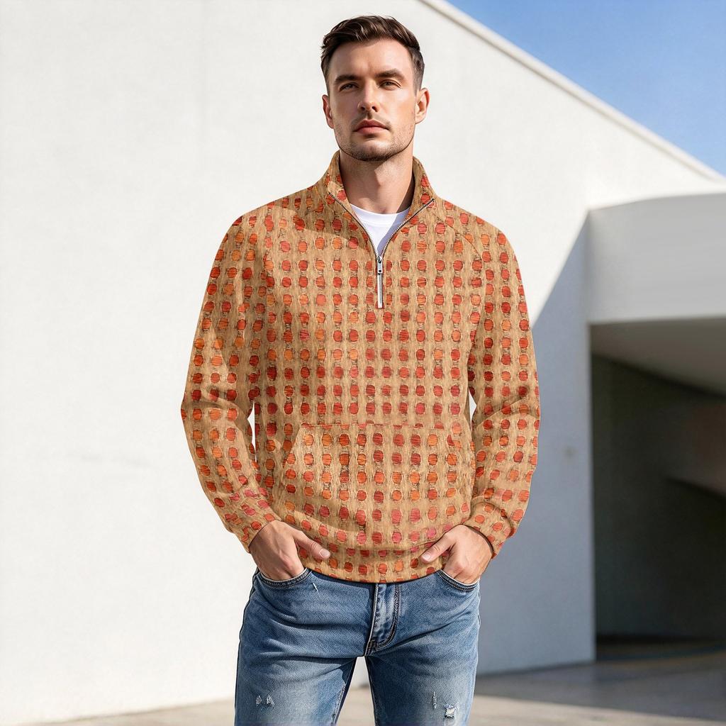 Men's Fall Winter Polka Dot Print Zip Pullover with Stand Collar, Casual Wrinkle- Athletic Top
