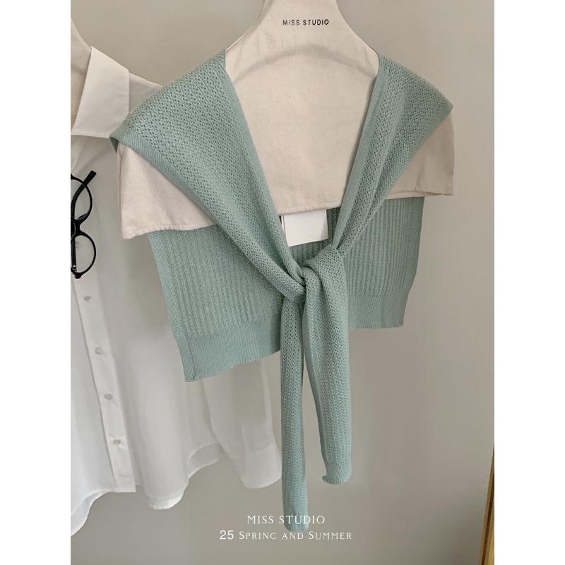 Solid color knitted small shawl fashionable versatile hollow high-end atmosphere white temperament outer small shawl