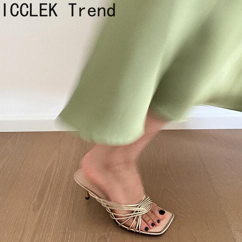 2025 New Summer Concise Narrow Band Women Slippers Fashion Thin Heels Party Pumps Mules Slide Shoes