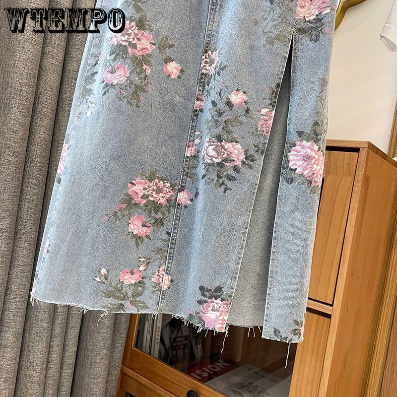 Frühling und Sommer Retro Vielseitiger Skinny Split Denim Print Halbkörperrock Weiblicher Chic Hohe Taille Mittellanger Paket Hüftrock