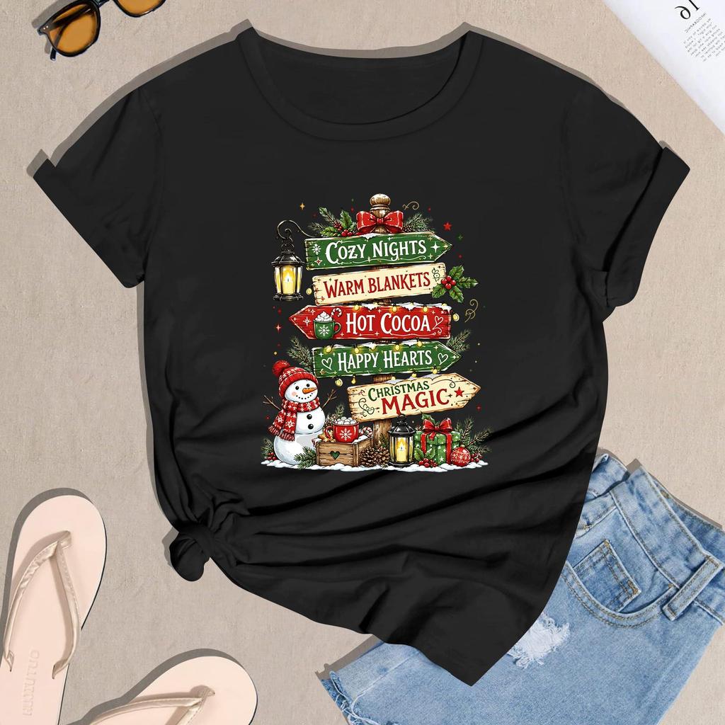 T-shirt da donna a maniche corte con stampa natalizia, top casual per le feste