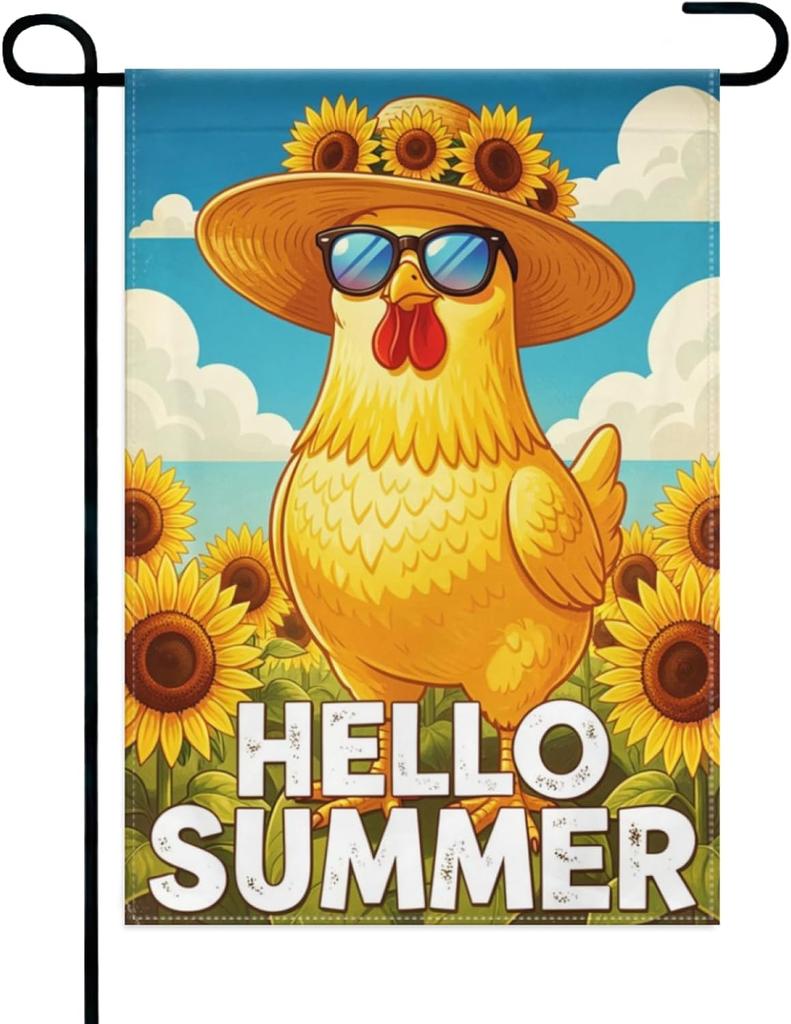 Hello Summer Chicken Garden Flag 12x18 Inch Double Sided – Funny Cool Rooster with Sunglasses & Sunflower Yard Decoratio
