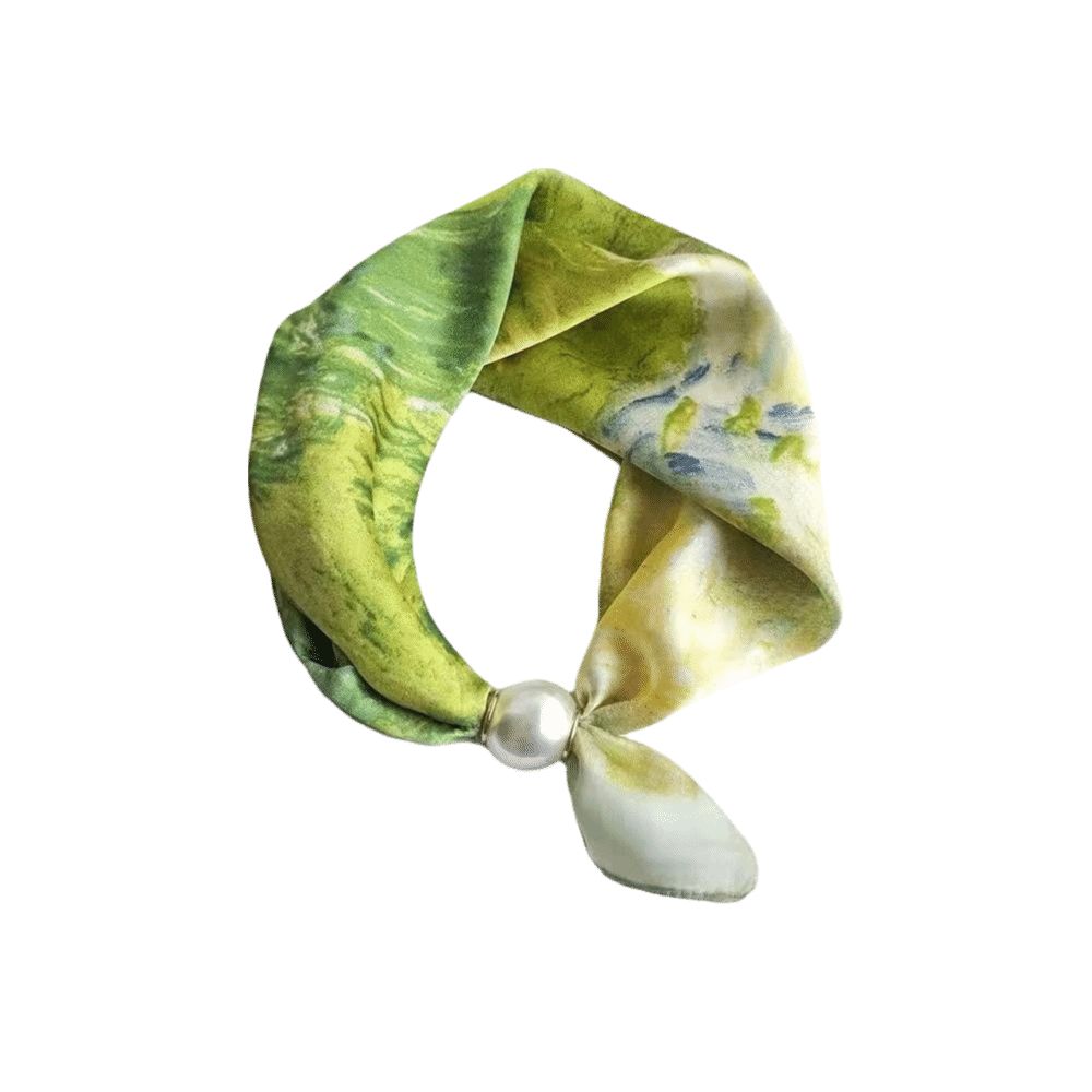 Printed Neck Scarf Pearl Buckle Neckerchief New Silk Scarf  Women