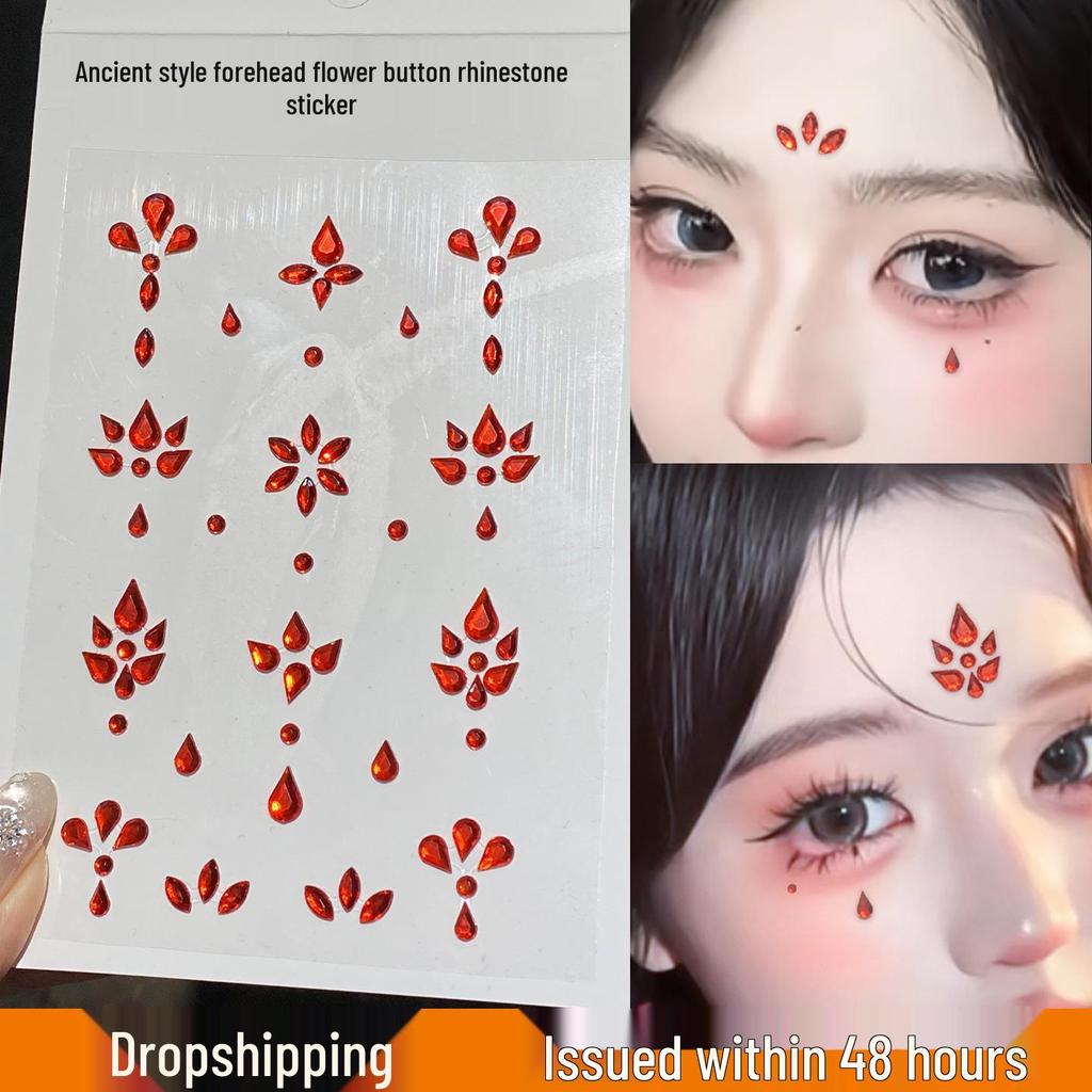 Diadema Rosso con Strass sulla Fronte e Adesivi Decorativi per il Viso in Stile Antico per il Trucco Hanfu