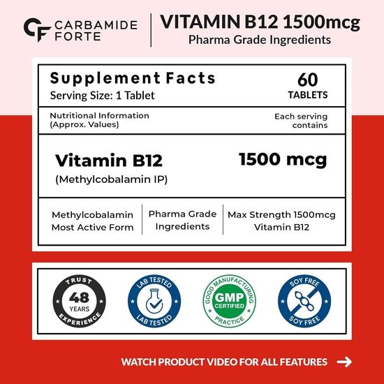 Carbamide Forte Vitamin B12 Supplements - Methylcobalamin 1500mcg Vitamin B12 Tablets| B12 Supplement for Men & Women | Active Form of B12-60 Tablets