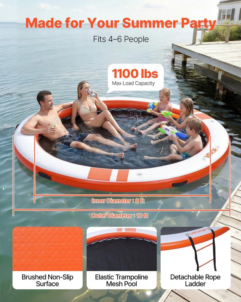 Inflatable Floating Dock, 3.05M Inflatable Dock Platform, Non-Slip Water Air Mat with Portable Carrying Bag & Detachable Ladder, Floating Water