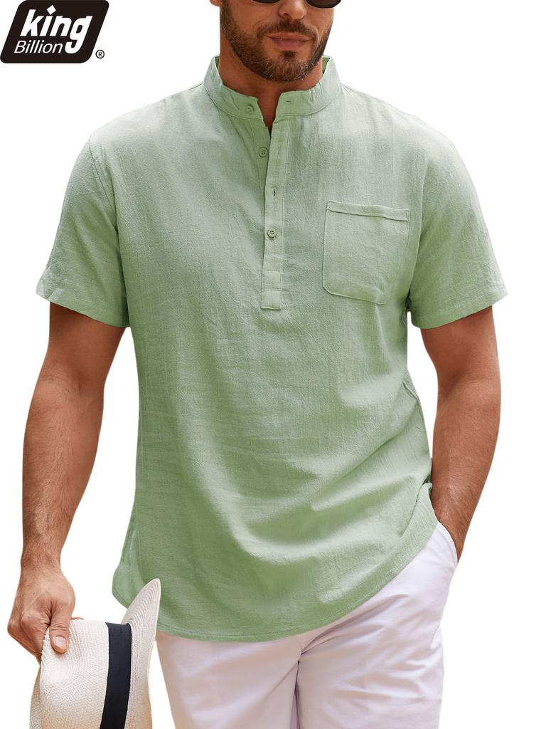 Summer Casual Linen Blend Short Sleeve Shirt for Men - Breathable Mandarin Collar Chest Pocket Lightweight Vacation Tops In Solid Colors