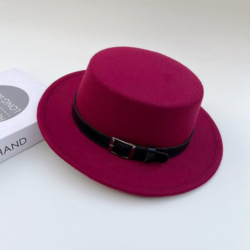 Hepburn woolen flat top top top hat women's spring and autumn winter French retro flat-brimmed jazz hat shows the face small felt hat versatile