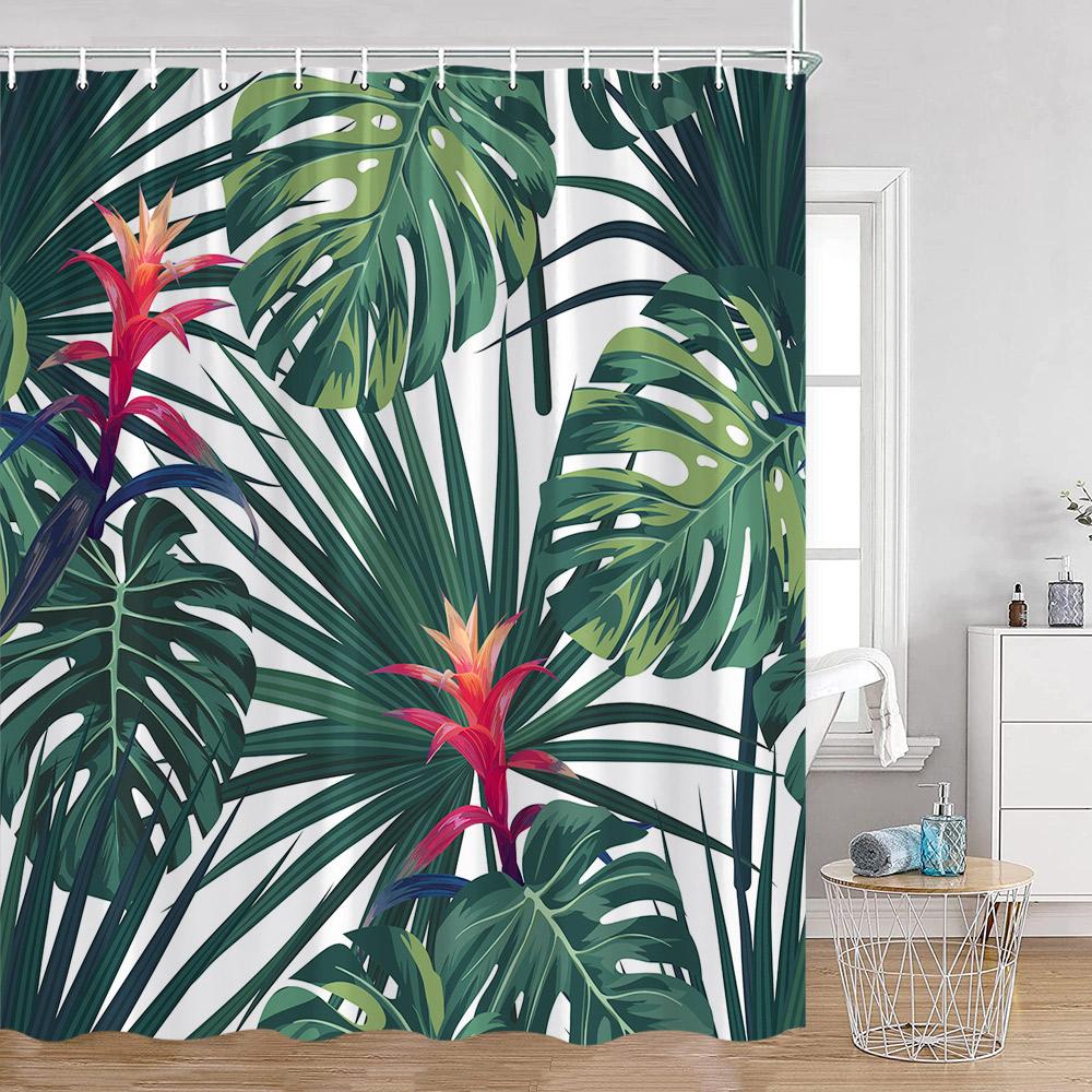 Green Leaves Shower Curtains Monstera Palm Leaf Green Plants Botanical Bathroom Curtain Greenery Bath Deorations with Hooks