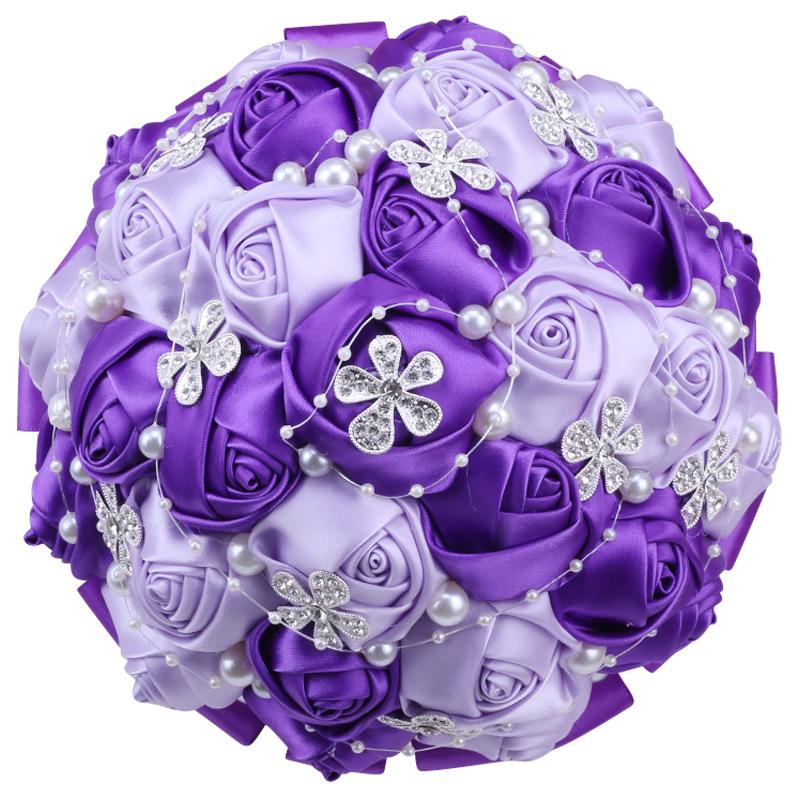 European & American Elegant Ribbon Flower Bridal Bouquet – Beaded Five-Flower Design