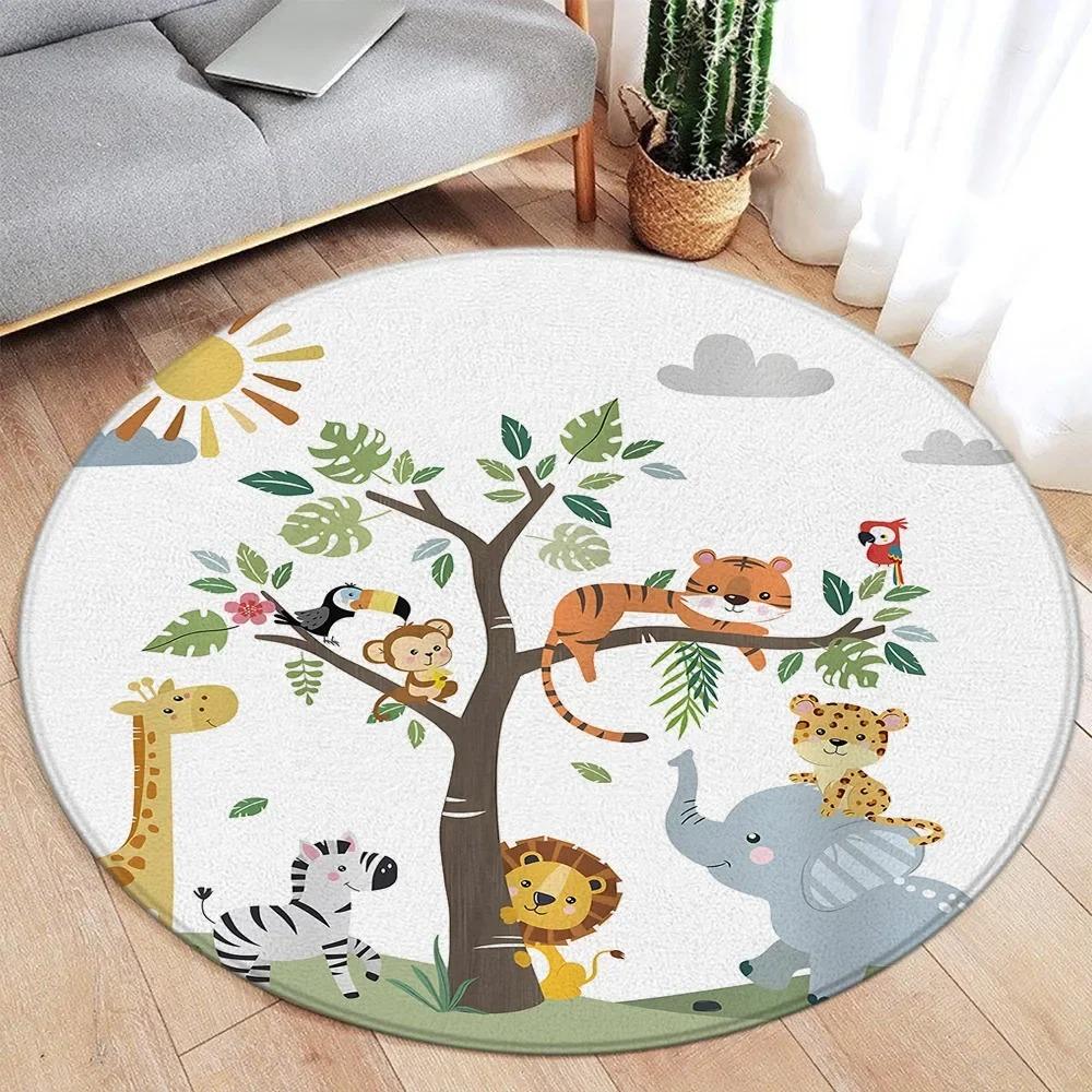 Cartoon Style Round Carpet with Ocean Fish, Whales, Dolphins, Sharks and Cute Land Animals, Kids' Bedroom Mat Decorative Mat